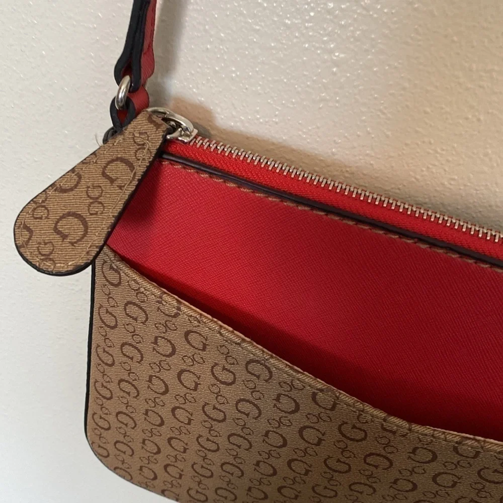 Guess red tan cross body bling two pocket zip up purse adjustable strap